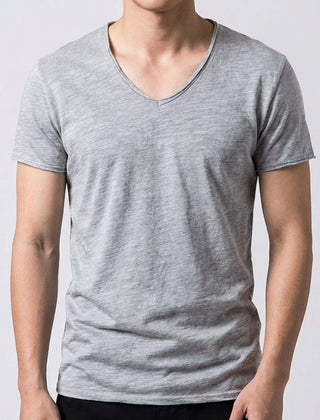 T-shirt uomo grigio chiaro melange, scollo a V morbido e vestibilità aderente
