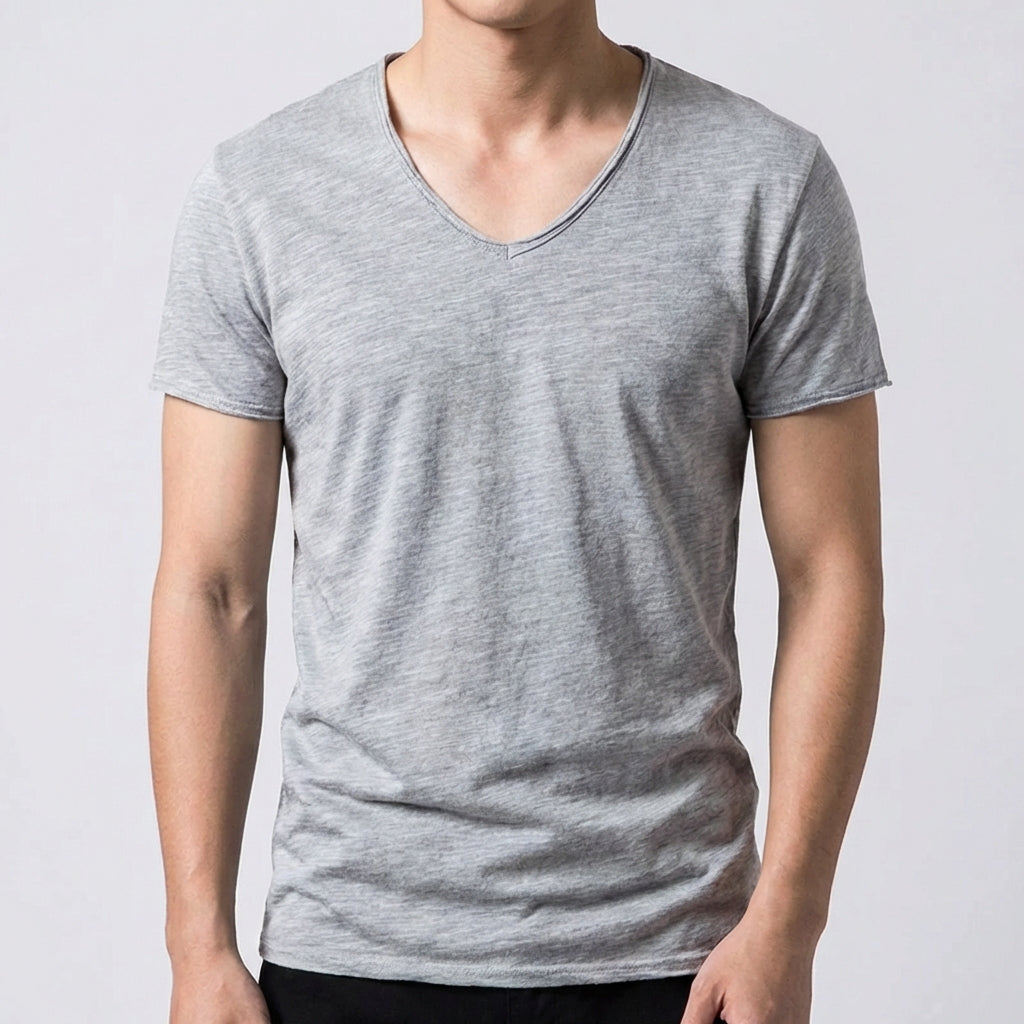 T-shirt uomo grigio chiaro melange, scollo a V morbido e vestibilità aderente