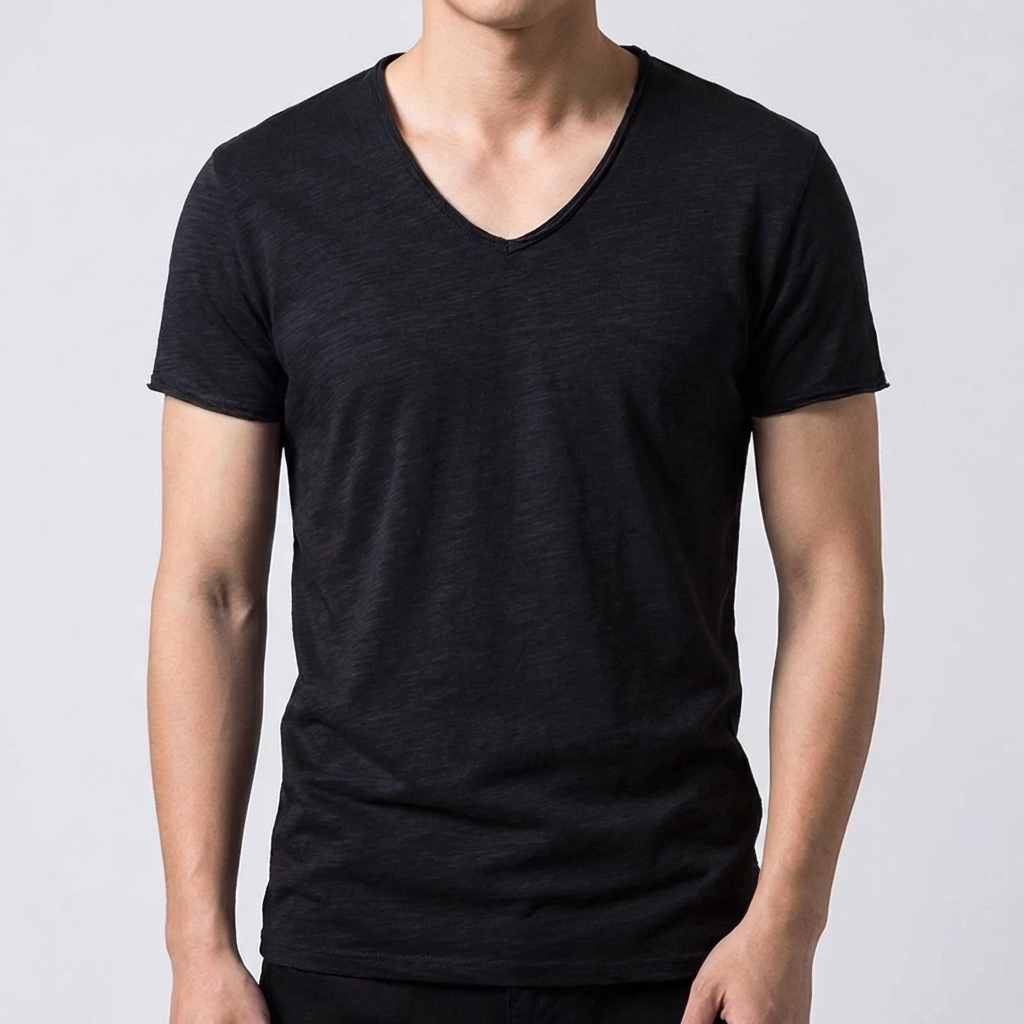 T-shirt uomo nera scollo a V, linea slim e fondo dritto senza stampe