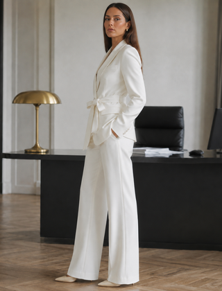 Tailleur donna bianco con blazer dal collo a scialle e cintura annodata in vita