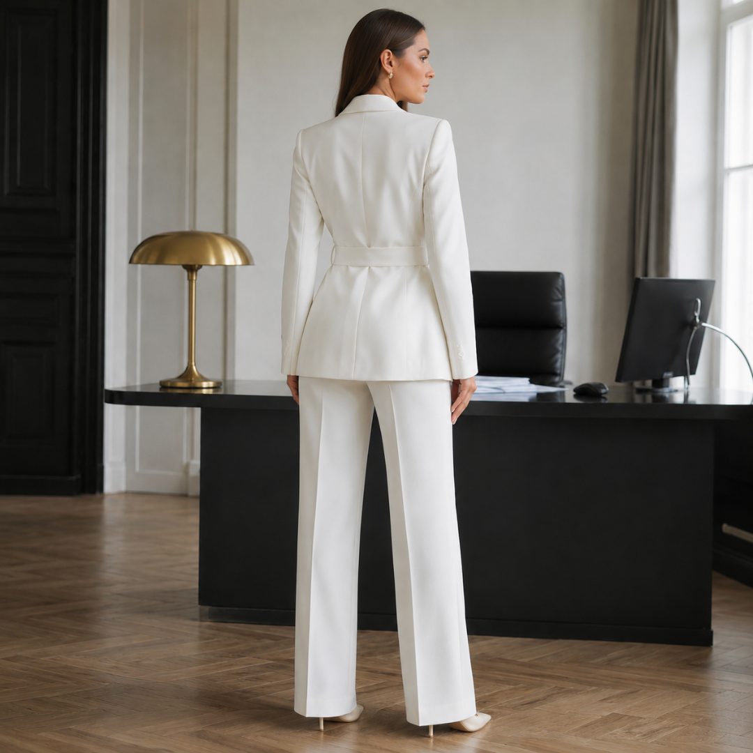 Vista posteriore del tailleur bianco con cintura sul retro e pantaloni a gamba larga