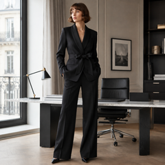 Tailleur donna nero con collo a scialle, cintura in vita e tasche con pattina