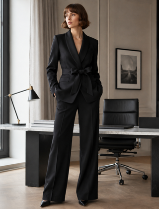 Tailleur donna nero con collo a scialle, cintura in vita e tasche con pattina