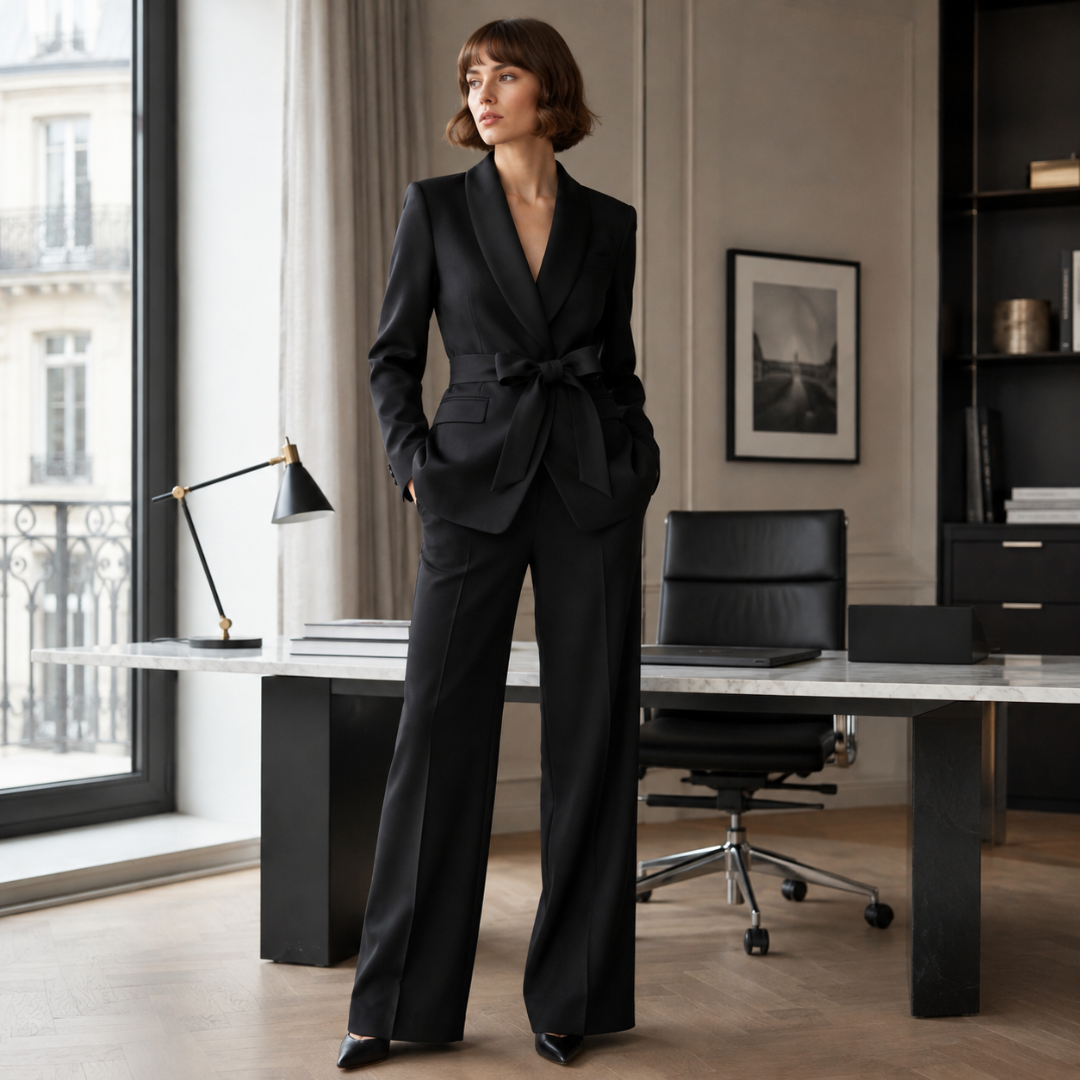 Tailleur donna nero con collo a scialle, cintura in vita e tasche con pattina