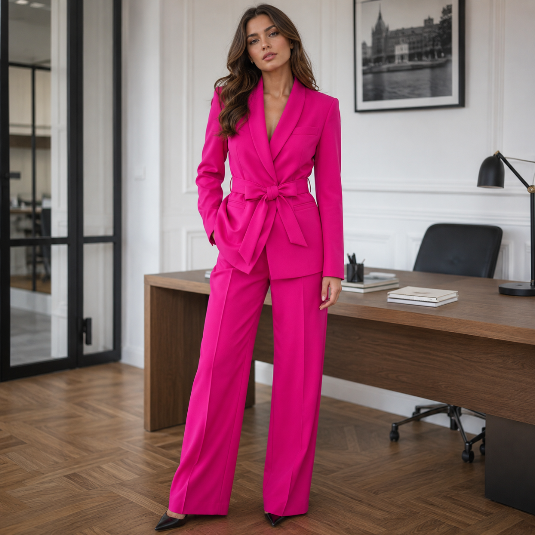 Tailleur donna rosa scuro con collo a scialle e fiocco in vita