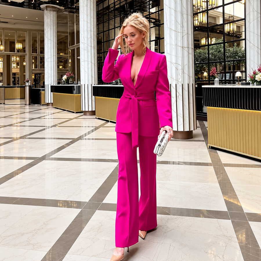 Tailleur donna rosa scuro con scollo profondo, cintura annodata e pantaloni svasati