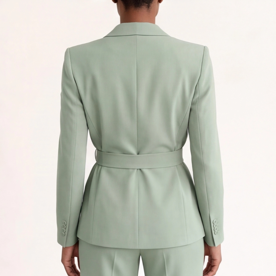 Retro del blazer verde salvia con cintura orizzontale e bottoni sui polsini