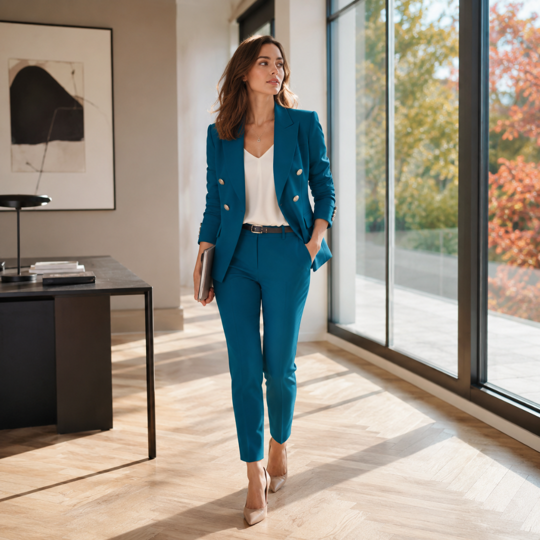 Tailleur donna blu pavone con blazer aperto, top chiaro e cintura sottile