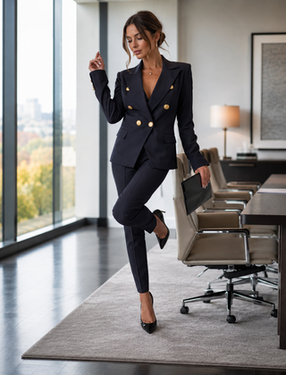 Tailleur donna nero doppiopetto con revers a lancia e pantaloni coordinati
