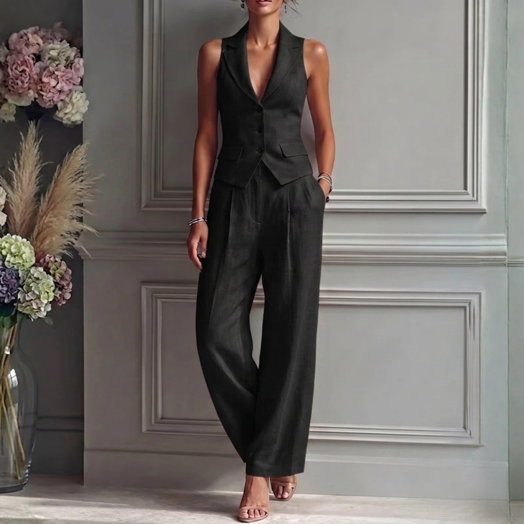 Tailleur donna nero con gilet sartoriale senza maniche e pantalone a vita alta