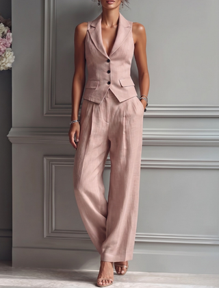 Tailleur donna rosa con gilet smanicato a tre bottoni e pantalone largo