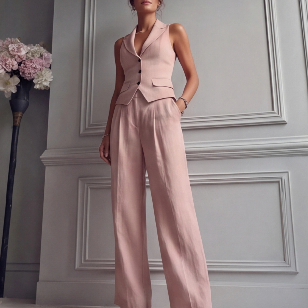 Completo rosa con revers a punta e pantalone a gamba ampia con pinces