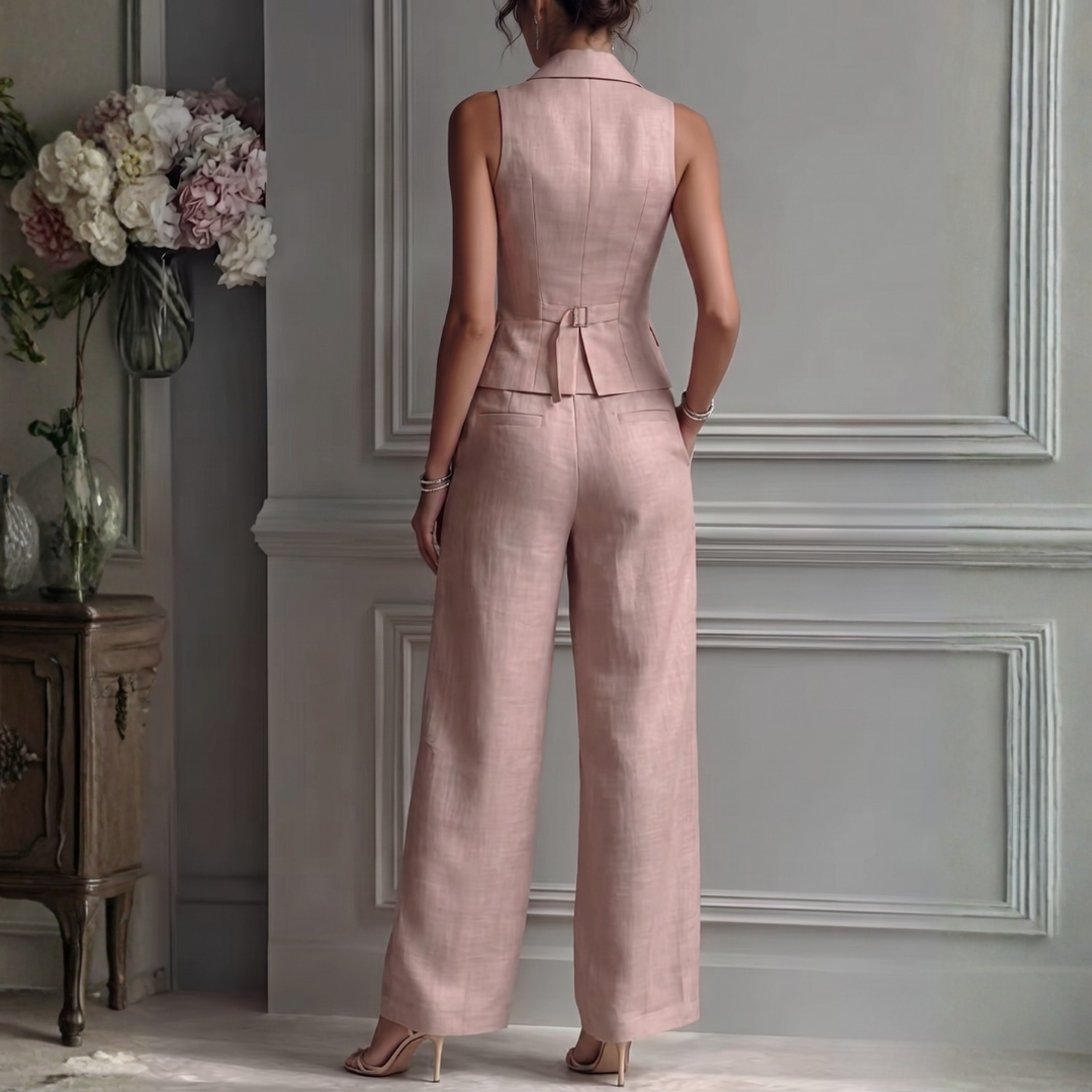 Retro del tailleur rosa con cinturino regolabile sul gilet e tasche posteriori