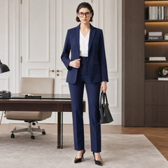 Tailleur donna blu navy con blazer monopetto e taschino sul petto, vista frontale