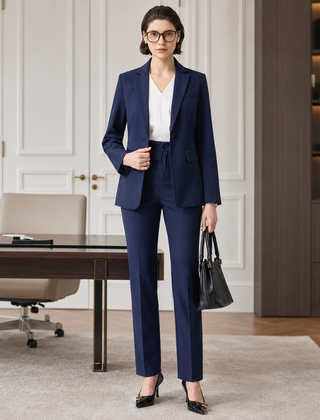 Tailleur donna blu navy con blazer monopetto e taschino sul petto, vista frontale