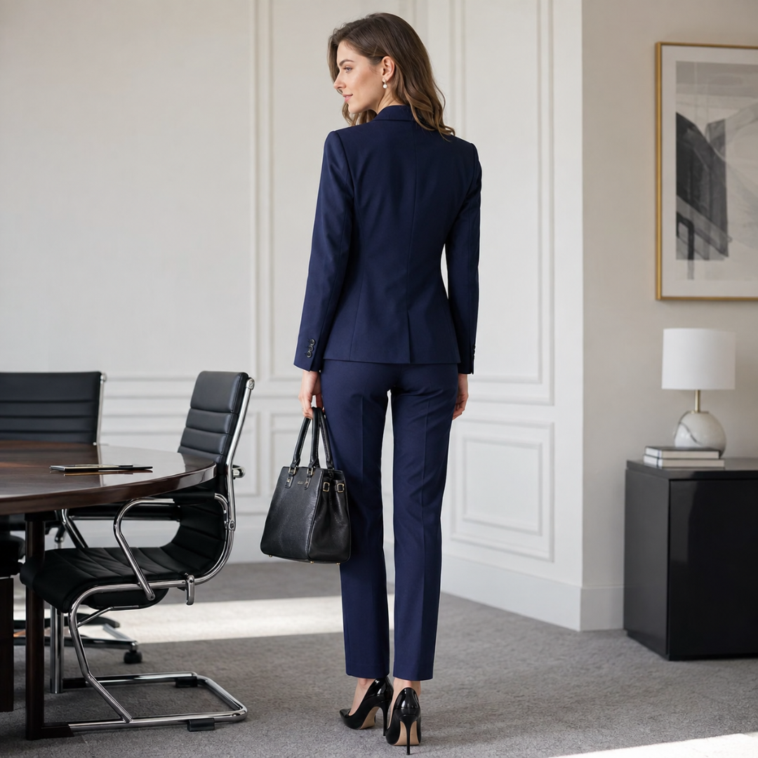 Retro del tailleur blu navy con spalle definite e bottoni ai polsini