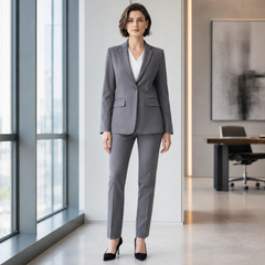 Tailleur donna grigio con blazer monopetto e pantaloni dritti, vista frontale