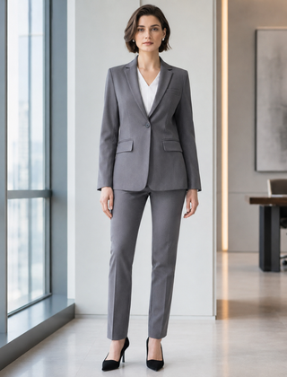 Tailleur donna grigio con blazer monopetto e pantaloni dritti, vista frontale
