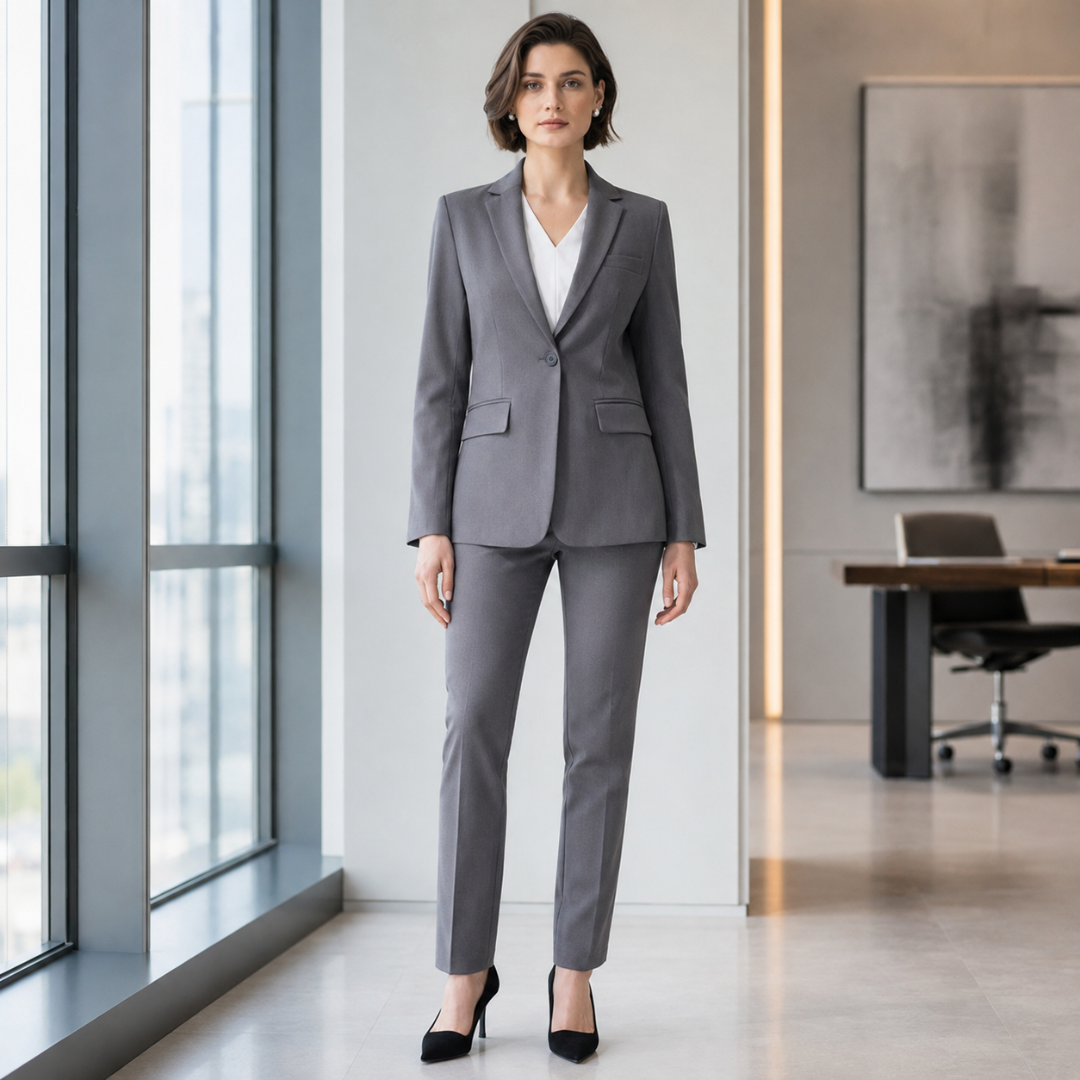 Tailleur donna grigio con blazer monopetto e pantaloni dritti, vista frontale