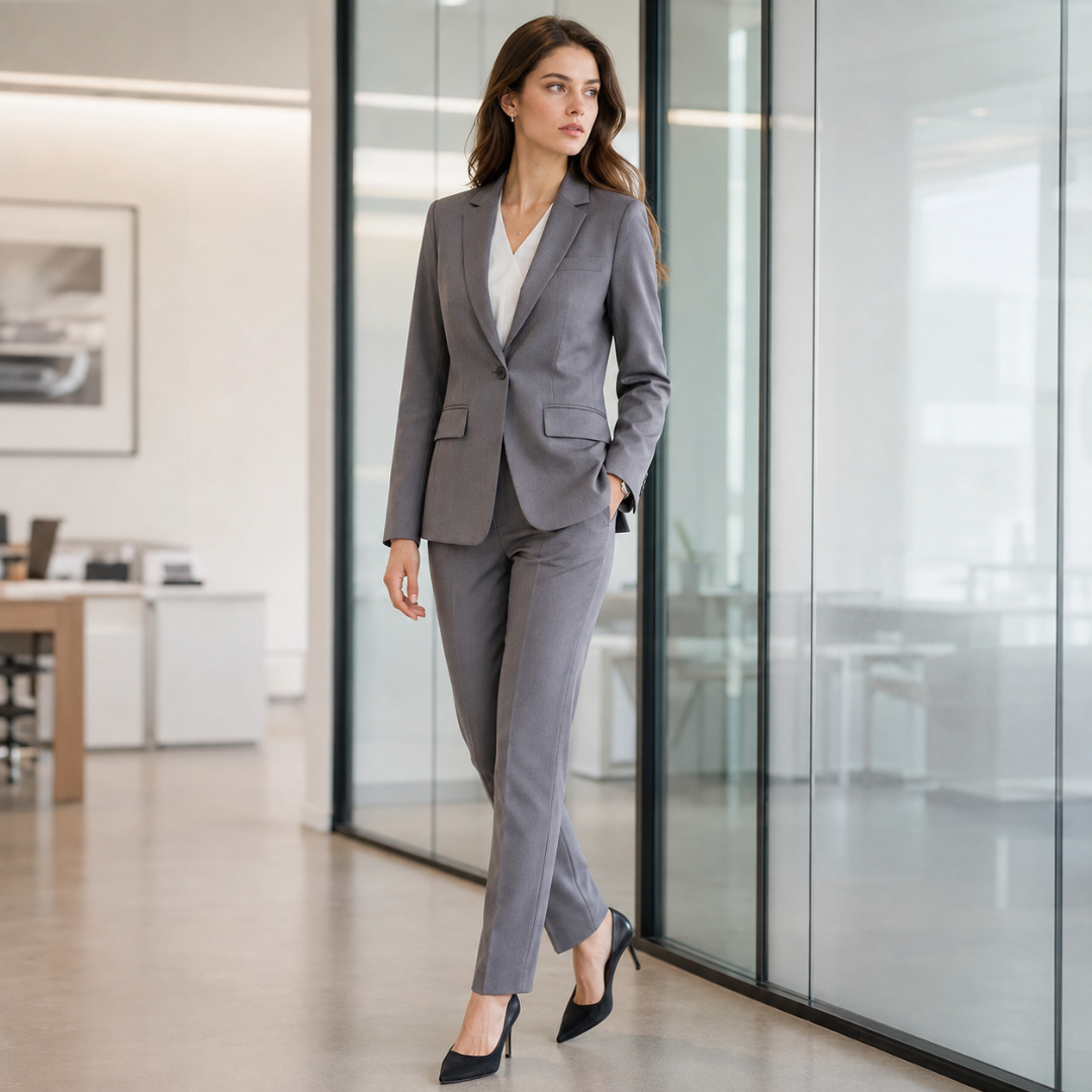 Blazer grigio con revers a dentello e tasche a patta, pantaloni con piega