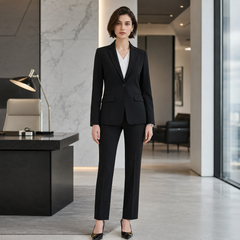 Tailleur donna nero con blazer a un bottone e tasche a patta, vista frontale