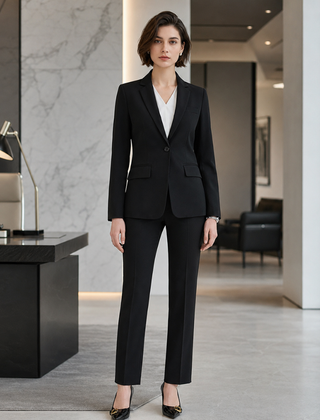 Tailleur donna nero con blazer a un bottone e tasche a patta, vista frontale