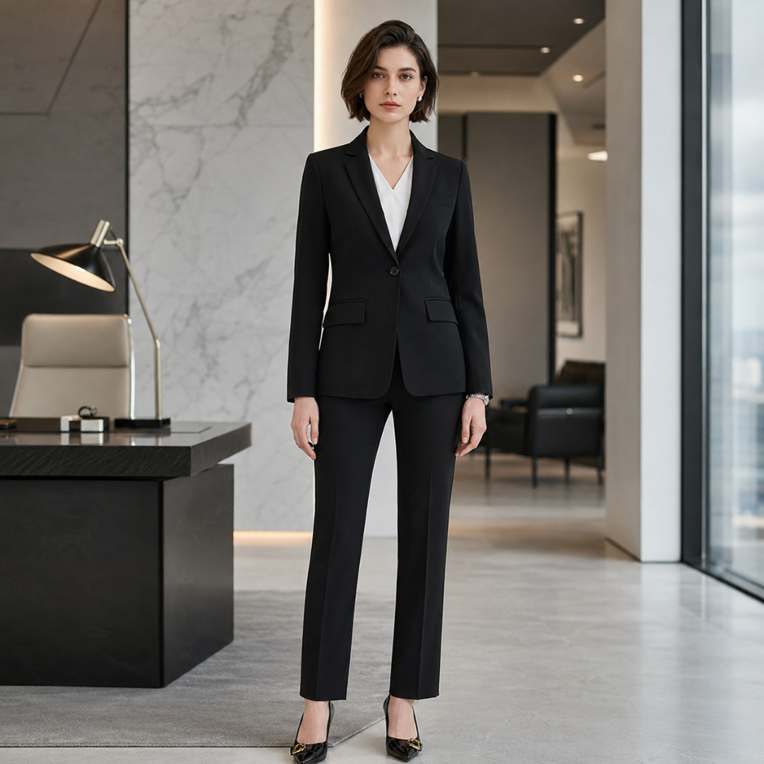 Tailleur donna nero con blazer a un bottone e tasche a patta, vista frontale