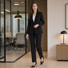 Blazer nero con revers a dentello abbinato a pantaloni dritti con piega stirata