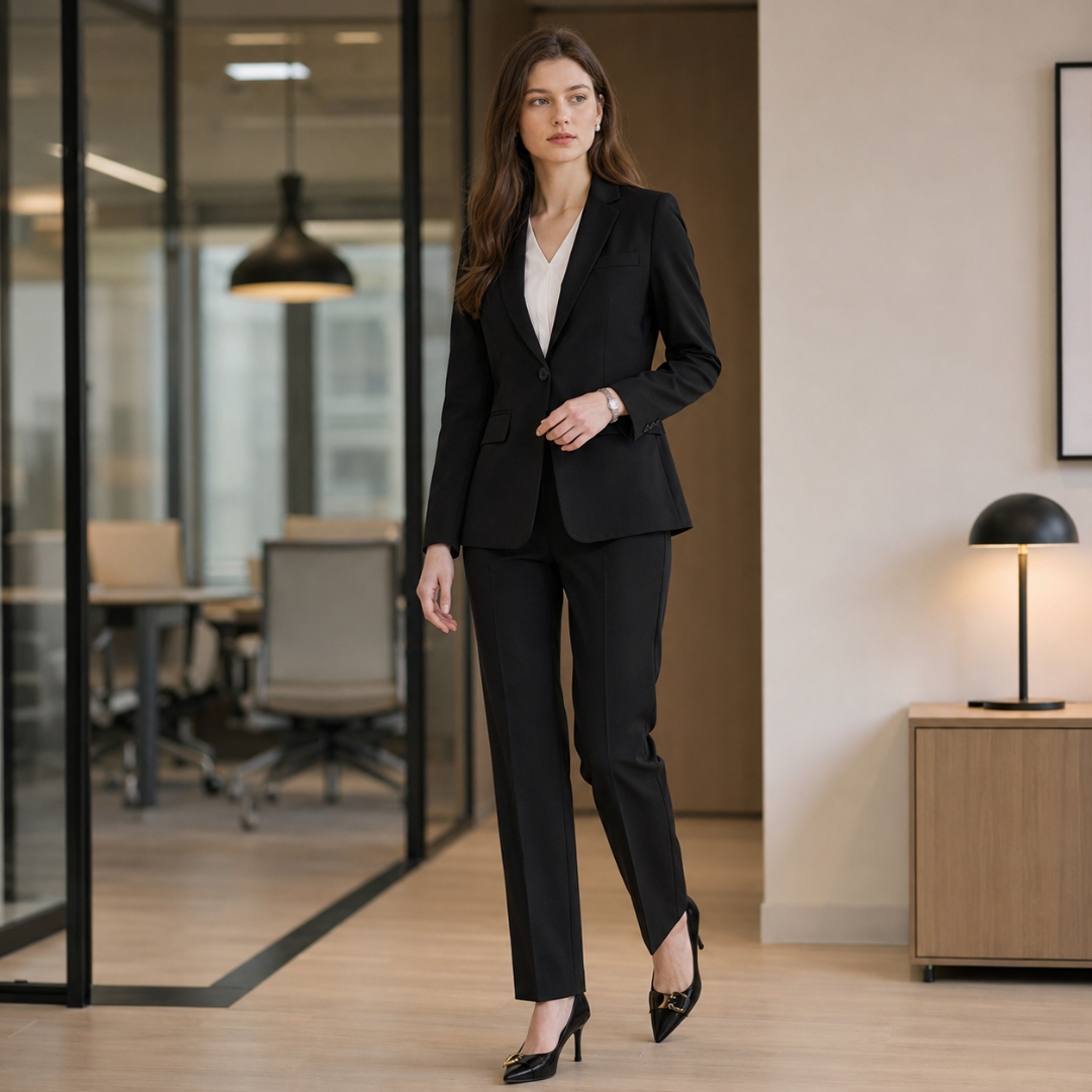 Blazer nero con revers a dentello abbinato a pantaloni dritti con piega stirata