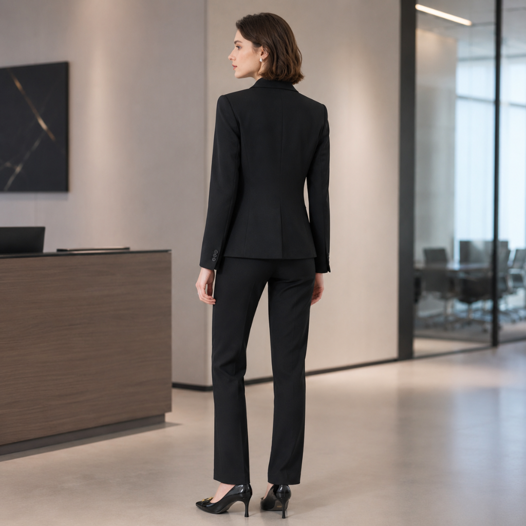 Retro del tailleur nero con cuciture sagomate e pantaloni lunghi dritti