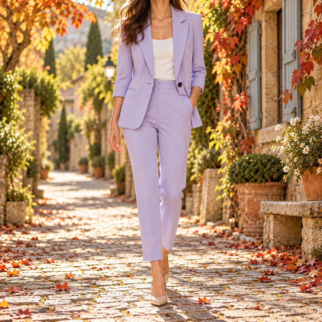 Tailleur lavanda da donna con revers a lancia e bottone a contrasto sul blazer