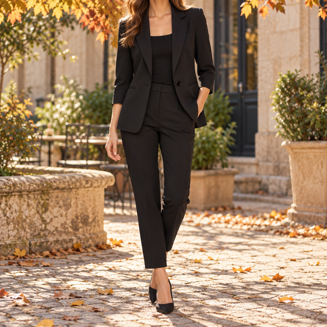 Tailleur donna nero con blazer monopetto, revers a lancia e pantaloni coordinati