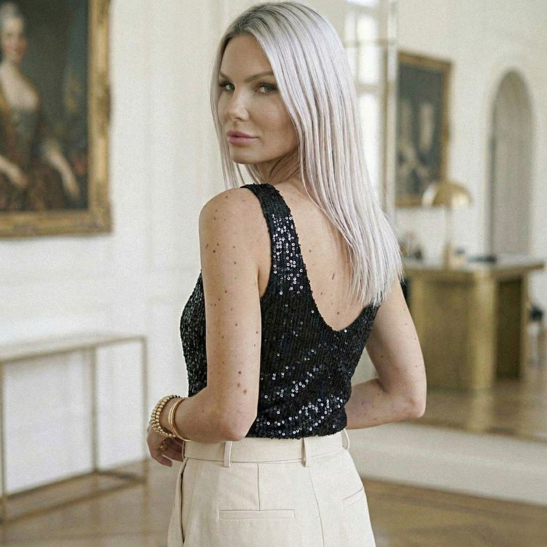 Retro del top nero con paillettes e profondo scollo a V sulla schiena
