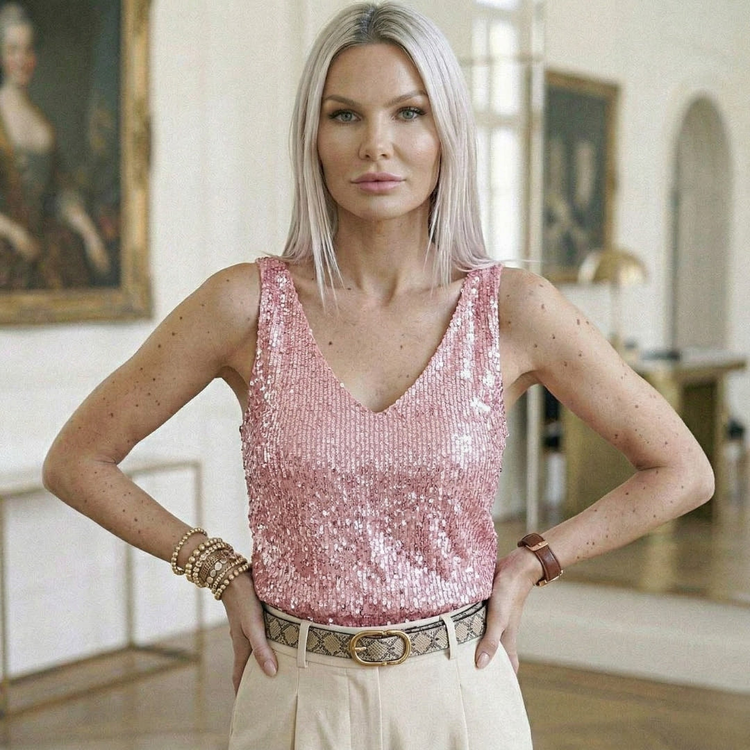 Top donna rosa con paillettes e scollo a V profondo, vista frontale con cintura