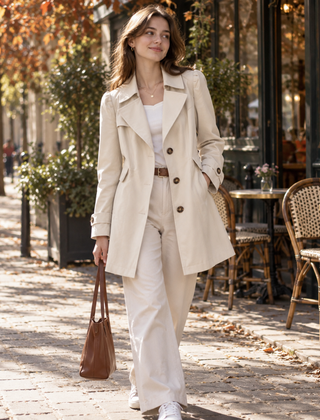 Trench donna beige con bottoni a vista e revers a punta davanti a un caffè