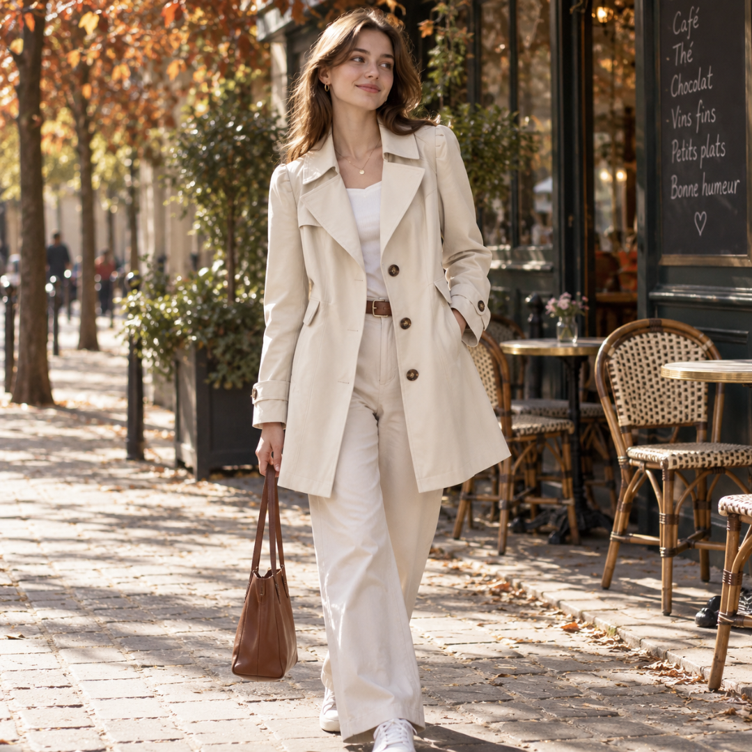 Trench donna beige con bottoni a vista e revers a punta davanti a un caffè