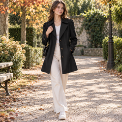 Trench donna nero con bottoni a vista e cinturini ai polsini, in giardino