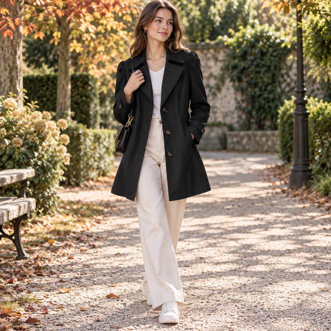 Trench donna nero con bottoni a vista e cinturini ai polsini, in giardino