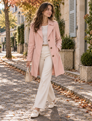 Trench donna rosa con bottoni a vista e revers a punta, indossato in strada