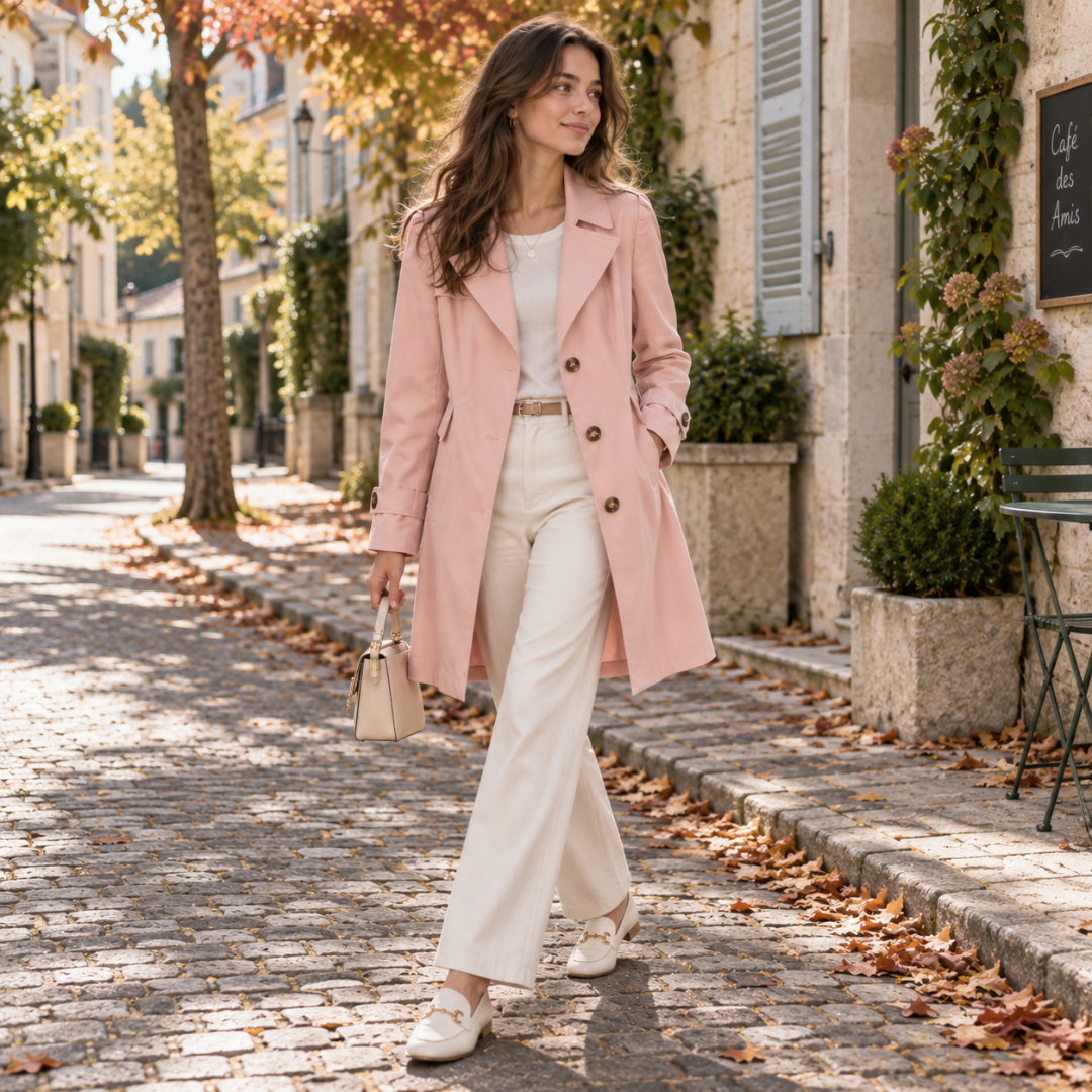 Trench donna rosa con bottoni a vista e revers a punta, indossato in strada