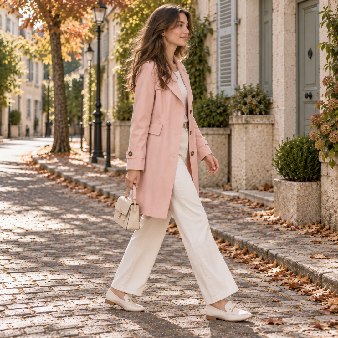 Trench rosa di profilo con tasche laterali e cinturini ai polsini