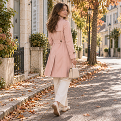 Retro del trench donna rosa con cintura e passante che segna la vita