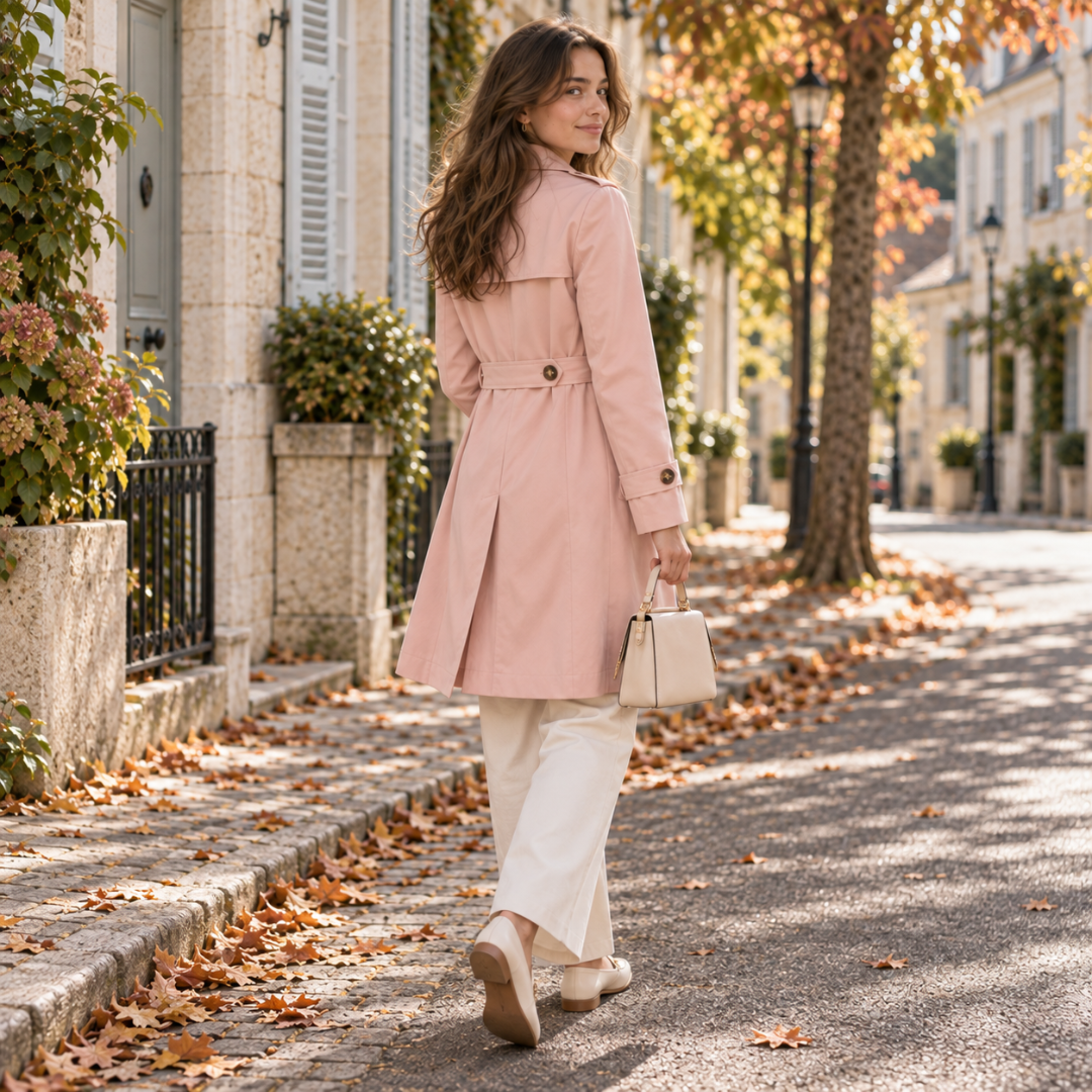 Retro del trench donna rosa con cintura e passante che segna la vita