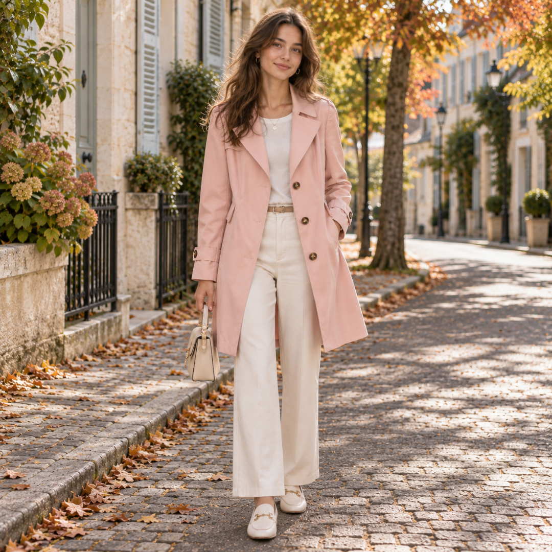 Trench donna rosa aperto sul davanti con pattina e revers a punta