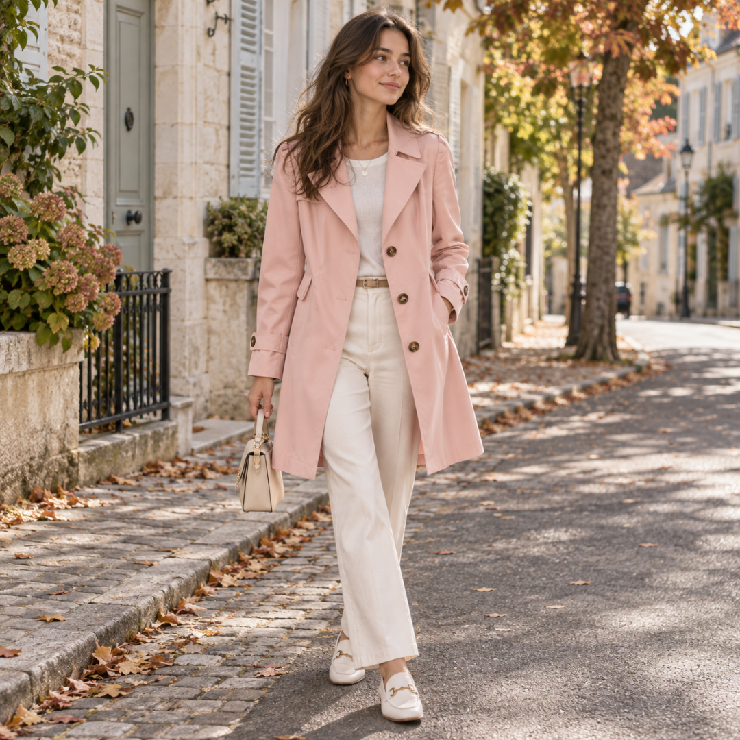 Trench rosa abbinato a pantaloni bianchi a gamba larga e mocassini crema