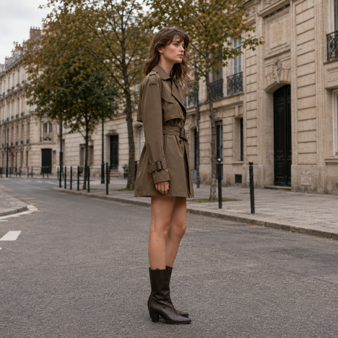 Trench corto marrone da donna di profilo, con cintura in vita e polsini con fibbia