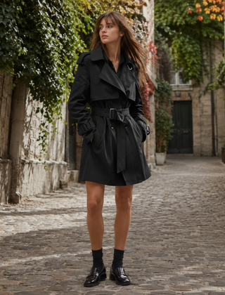 Trench donna corto nero con pattina sul davanti, cintura con fibbia e polsini regolati