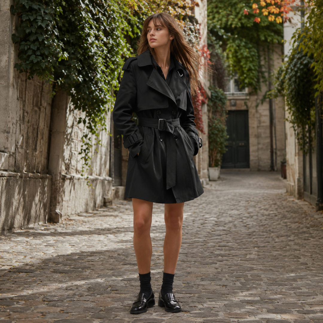Trench donna corto nero con pattina sul davanti, cintura con fibbia e polsini regolati