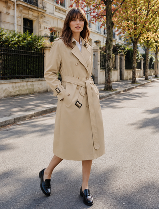 Trench donna beige a doppiopetto con cintura in vita e cinturini ai polsi