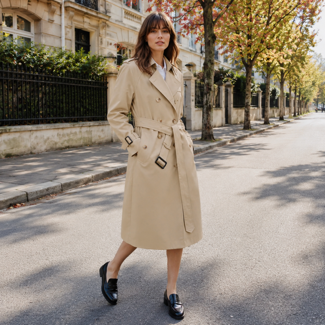 Trench donna beige a doppiopetto con cintura in vita e cinturini ai polsi